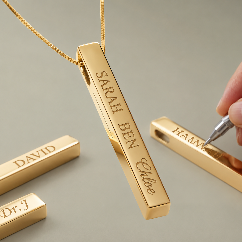 Colar personalizado barra vertical com nome | Pingente gravado em aço inoxidável 